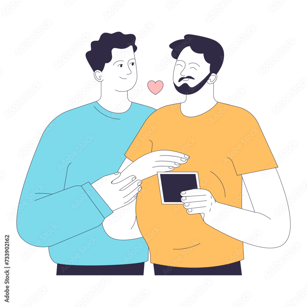 Obraz premium Gender transition positive experience. Gay couple starting a family. Loving moment between a gay couple as they look at a sonogram. Trans man pregnancy. Flat vector illustration.