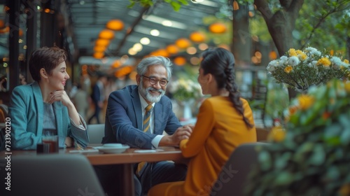 Group of business people discussing business plan in outdoor cafe. Businessman and businesswoman having a meeting in outdoor cafe.