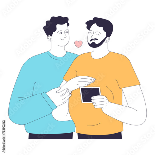 Gender transition positive experience. Gay couple starting a family. Loving moment between a gay couple as they look at a sonogram. Trans man pregnancy. Flat vector illustration.