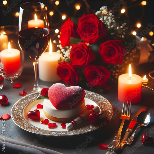 Capture_the_essence_of_Valentine's_Day_with_an_image_of_a_romantic_candlelit_dinner_for_two,_featuring_a_heart-shaped_dessert,_elegant_wine_glasses,_and_a_bouquet_of_red_roses.