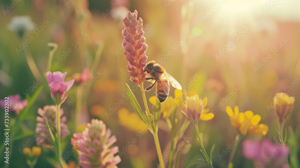 a bee collects pollen from flowers in the garden
