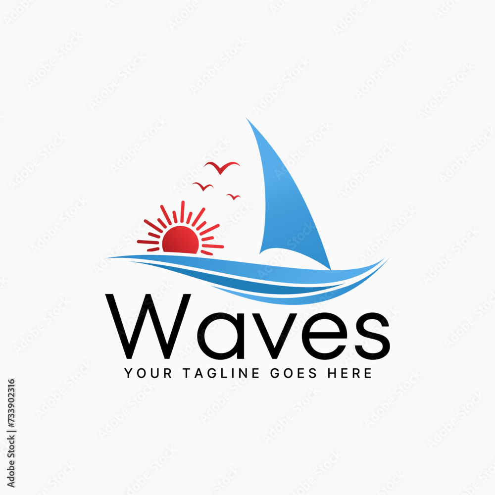 Logo design graphic concept creative premium abstract vector stock sign sailboat ship birds waves and beach sunset. Related yacht sailor ocean island Logo design graphic concept creative premium abstract vector stock sign sailboat ship birds waves and beach sunset. Related yacht sailor ocean island