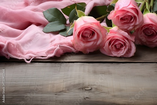 Pink roses with napkin on a wooden background.