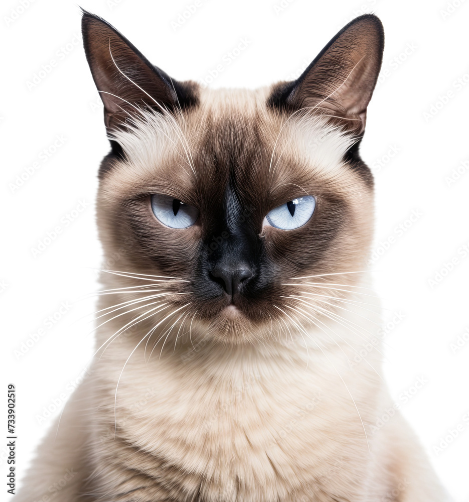 Siamese cat angry, head shot portrait isolated cutout on transparent background.