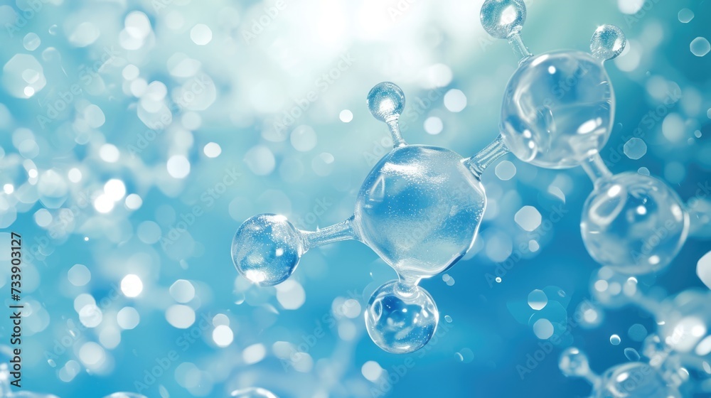 Hyaluronic acid molecules background. Water with bubbles, moisturiser, liquid, serum or toner banner. Hyaluron acids in chemical laboratory, beauty and cosmetics