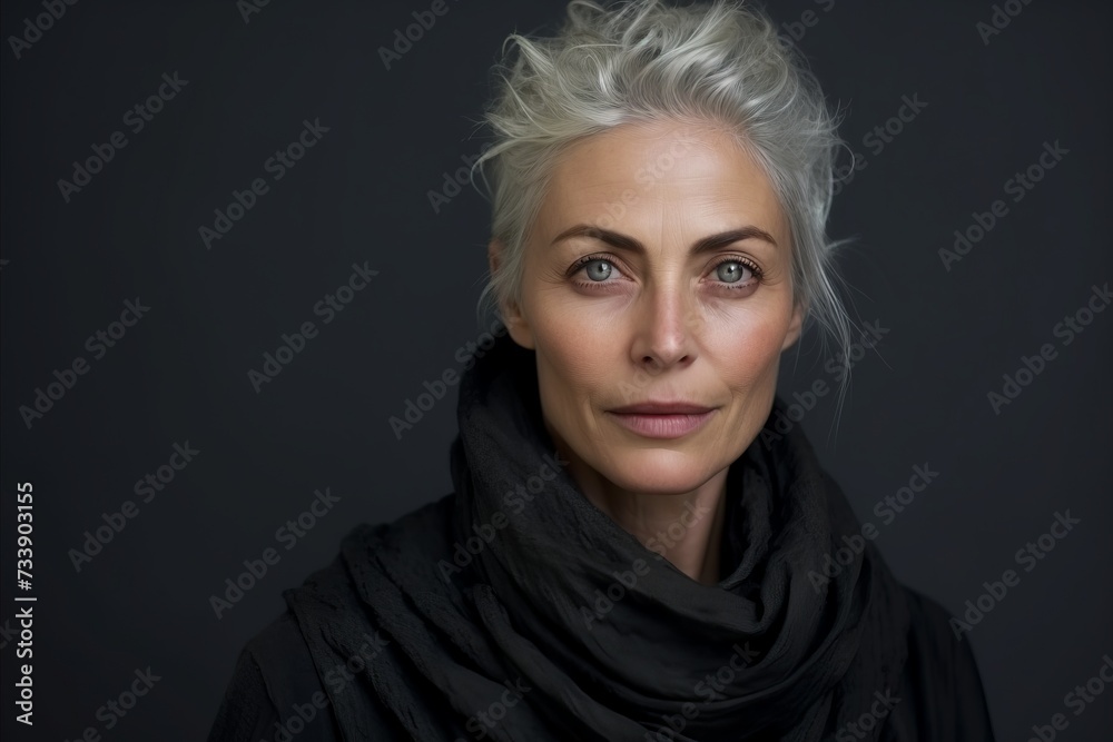 Portrait of a beautiful middle-aged woman wearing a black scarf Portrait of a beautiful middle-aged woman wearing a black scarf