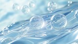 Hyaluronic acid molecules background. Water with bubbles, moisturiser, liquid, serum or toner banner. Hyaluron acids in chemical laboratory, beauty and cosmetics