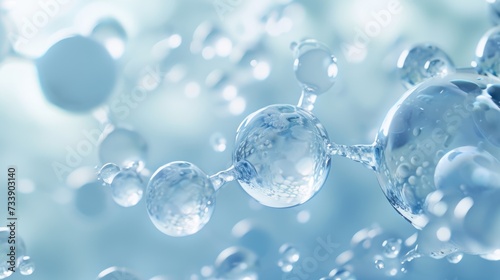 Hyaluronic acid molecules background. Water with bubbles  moisturiser  liquid  serum or toner banner. Hyaluron acids in chemical laboratory  beauty and cosmetics