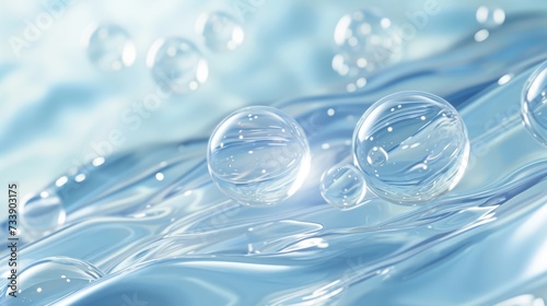 Hyaluronic acid molecules background. Water with bubbles, moisturiser, liquid, serum or toner banner. Hyaluron acids in chemical laboratory, beauty and cosmetics photo