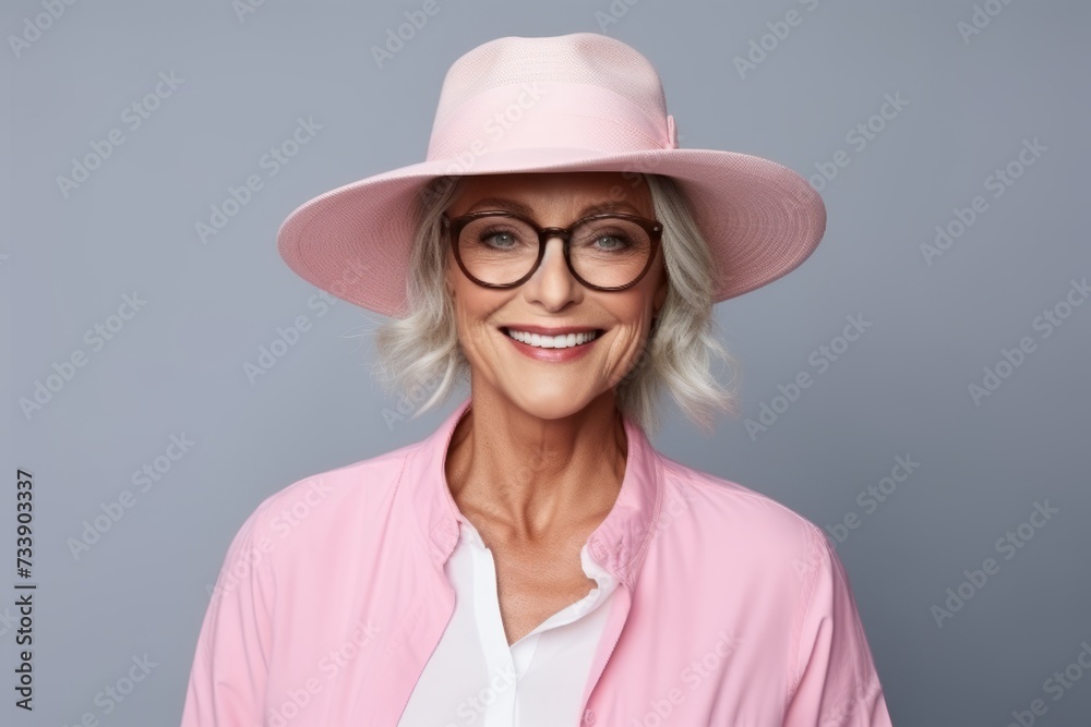 portrait of happy senior woman in pink hat and glasses over grey background portrait of happy senior woman in pink hat and glasses over grey background