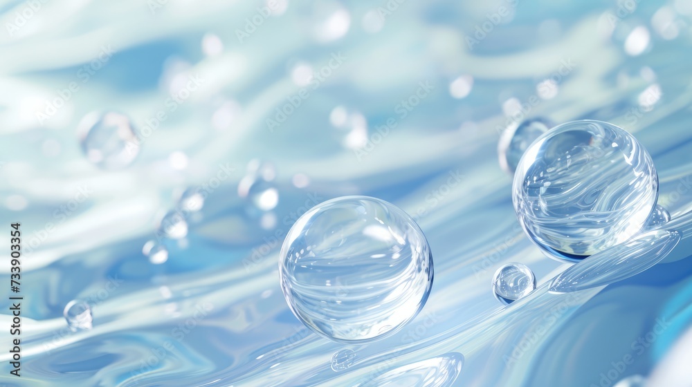 Hyaluronic acid molecules background. Water with bubbles, moisturiser, liquid, serum or toner banner. Hyaluron acids in chemical laboratory, beauty and cosmetics