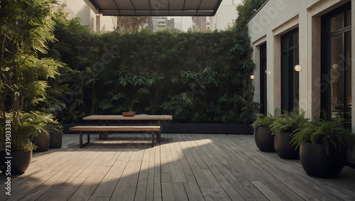 The serene beauty of a vacant outdoor terrace, featuring a minimal style complemented by potted greenery.
