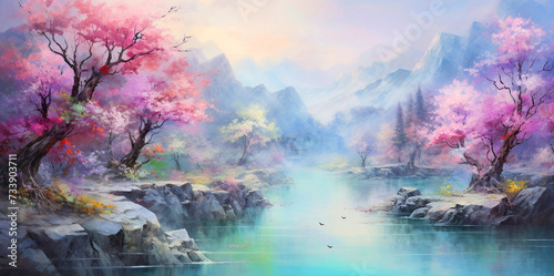cherry blossom painting Spring blossoming cherry branches with a river On the picture bright blue white clouds Cherry blossoms and misty forest on the mountain