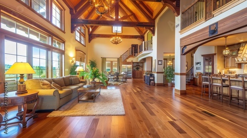 Beautiful and large living room interior with hardwood floors and vaulted ceiling in new luxury home. View of Kitchen, entryway, and second story loft style area