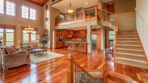 Beautiful and large living room interior with hardwood floors and vaulted ceiling in new luxury home. View of Kitchen, entryway, and second story loft style area