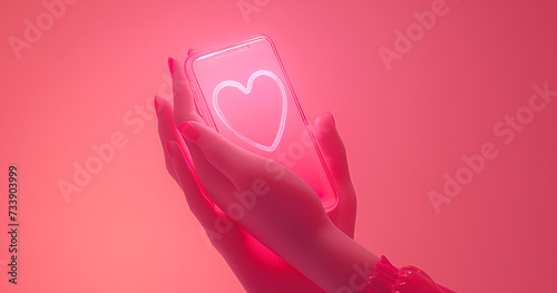 person holding mobile phone with heart shaped neon valentine new concept