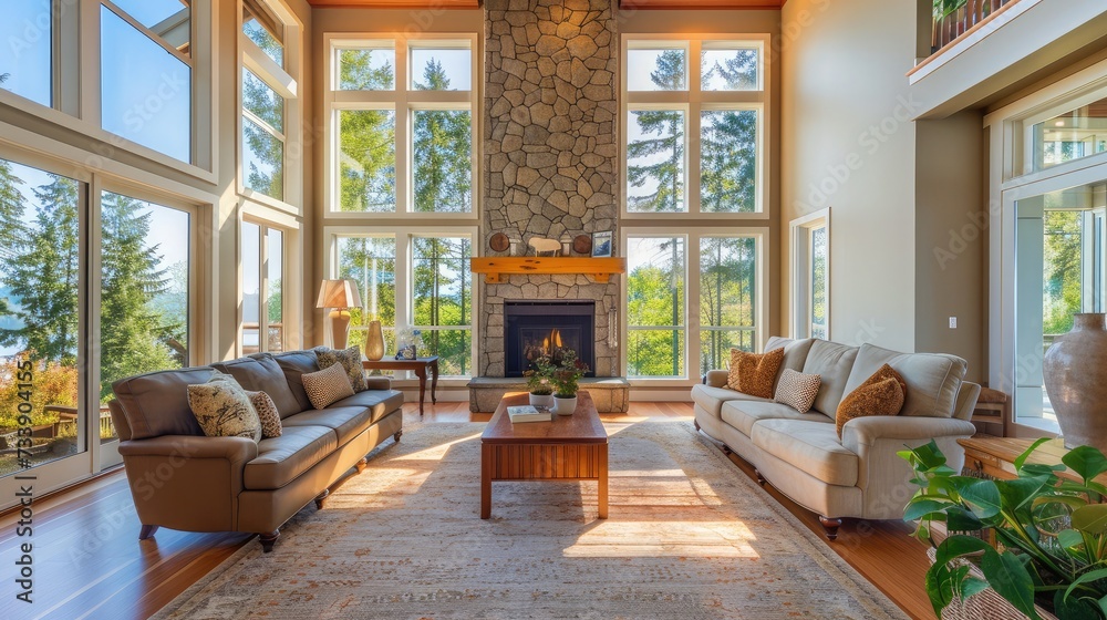 Beautiful living room interior with hardwood floors and fireplace in new luxury home. Large bank of windows hints at exterior view