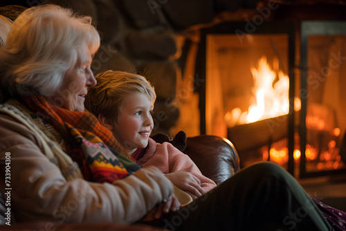 Seniors concept - grandmother sits with granddaughter by the fire