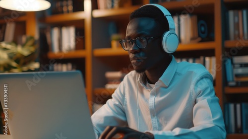 Focused young african businessman wear headphones study online watching webinar podcast on laptop listening learning education course conference calling make notes sit at work desk, elearning concept photo