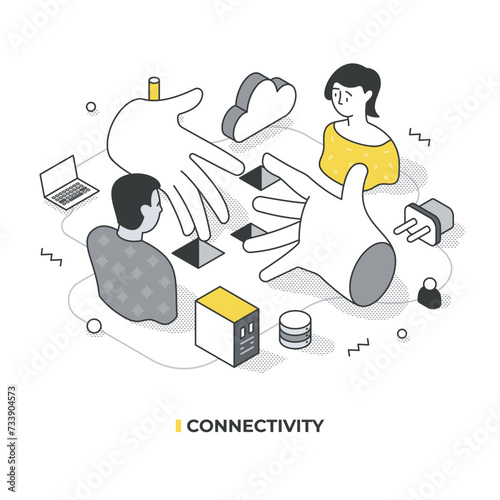 Connectivity isometric illustration. Hands and people symbolize global cooperation in a digital world with laptops and internet connections showing a shared online network. Teamwork and support
