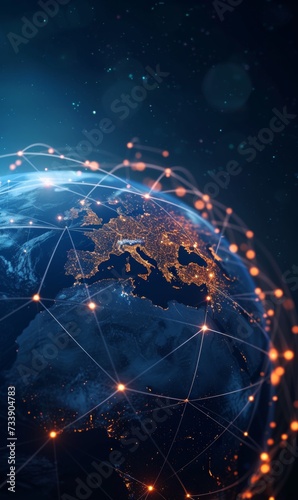 Globe with global connection lines and lights. Worldwide technology concept. photo