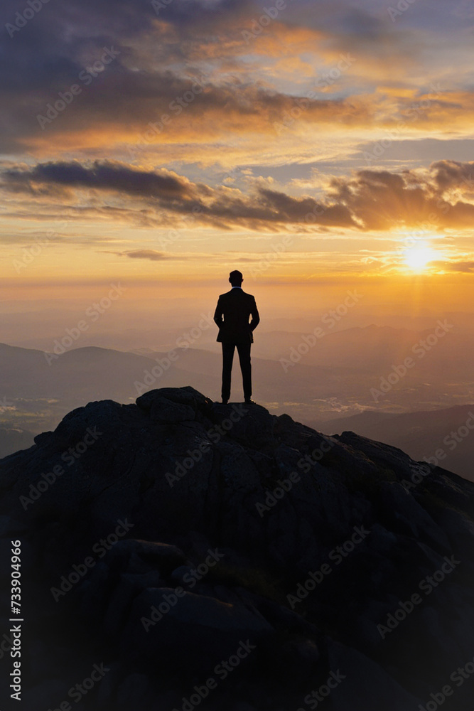Silhouette of a successful businessman, a man in a suit, standing on top of a mountain and looking at the sunrise, on the background of rocks. Created by artificial intelligence.