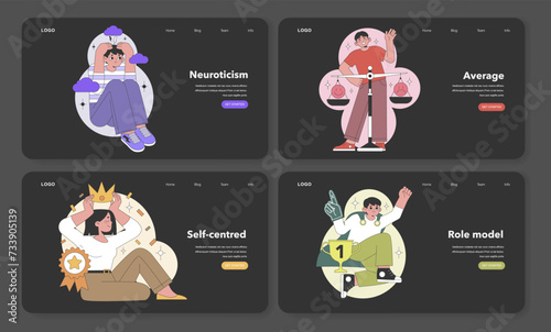 Big Five Personality Traits interface design. Depicts neuroticism, average, self-centred, and role model characteristics in a modern website layout. Flat vector illustration photo