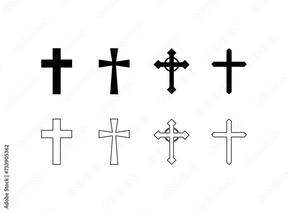 Cross icon set. Divine cross. Silhouette and linear style. Vector icons