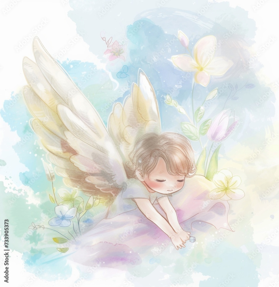 Delicate illustration of a sleeping fairy angel child with colorful wings, surrounded by a magical floral garden. Easter poster. Delicate illustration of a sleeping fairy angel child with colorful wings, surrounded by a magical floral garden. Easter poster.