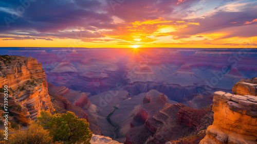 A photo of the Grand Canyon, with layered rock formations as the background, during a vibrant sunset