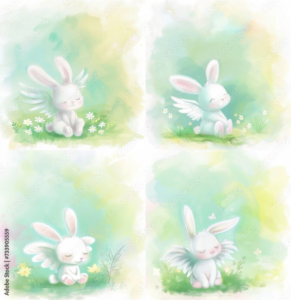 Happy Easter postcard. Whimsical illustration of a cute bunny with angel wings sitting in a serene spring garden. Cute children decor. Happy Easter postcard. Whimsical illustration of a cute bunny with angel wings sitting in a serene spring garden. Cute children decor.