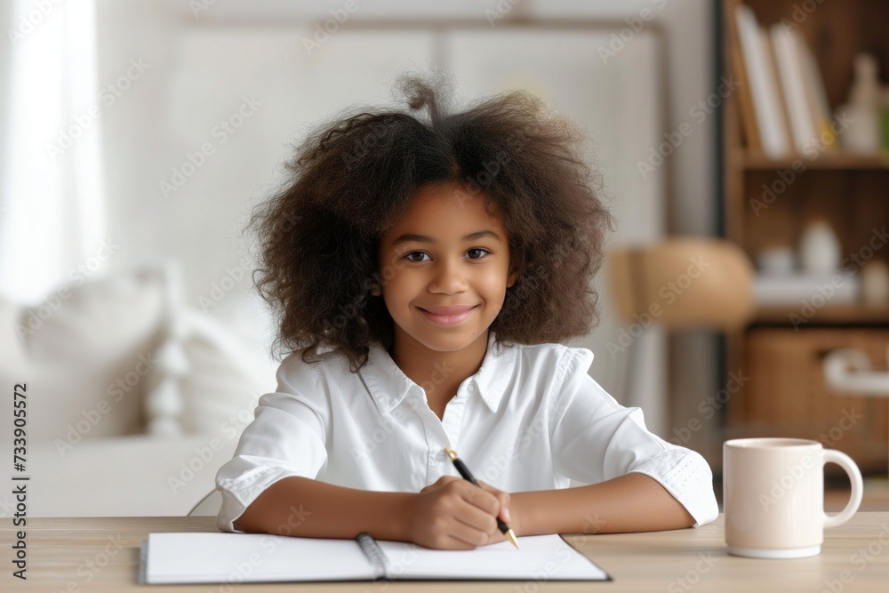 Happy african American little girl with curly hair sitting at the table, writing and doing homework Happy african American little girl with curly hair sitting at the table, writing and doing homework