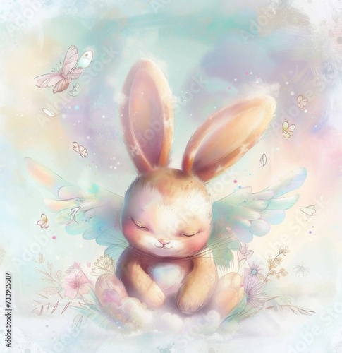 Happy Easter postcard. Whimsical illustration of a cute bunny with angel wings sitting in a serene spring garden. Cute children decor.