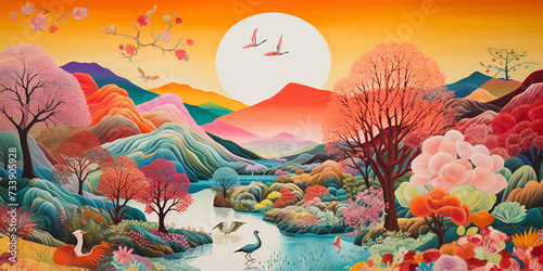 Beautiful mountain landscape painting. Abstract outdoor natural background, beautiful landscape colorful painting,