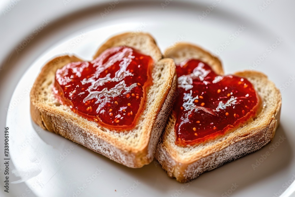 Heartshaped jam on toast from above. Heartshaped jam on toast from above.