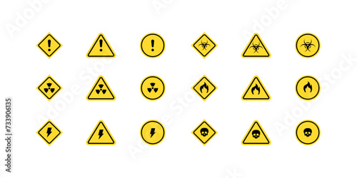Road danger signs. Radiation, fire, skull, biopollution danger signs collection. Flat style. Vector icons