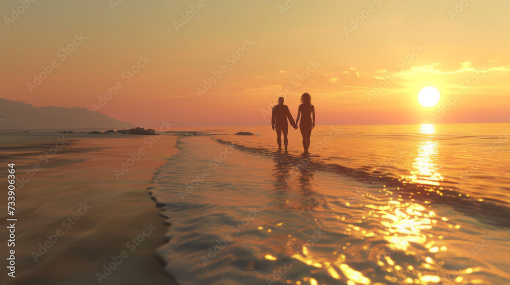 a cute romantic hetrosexual couple walking at a beach at sunset. photo taken behind from the back