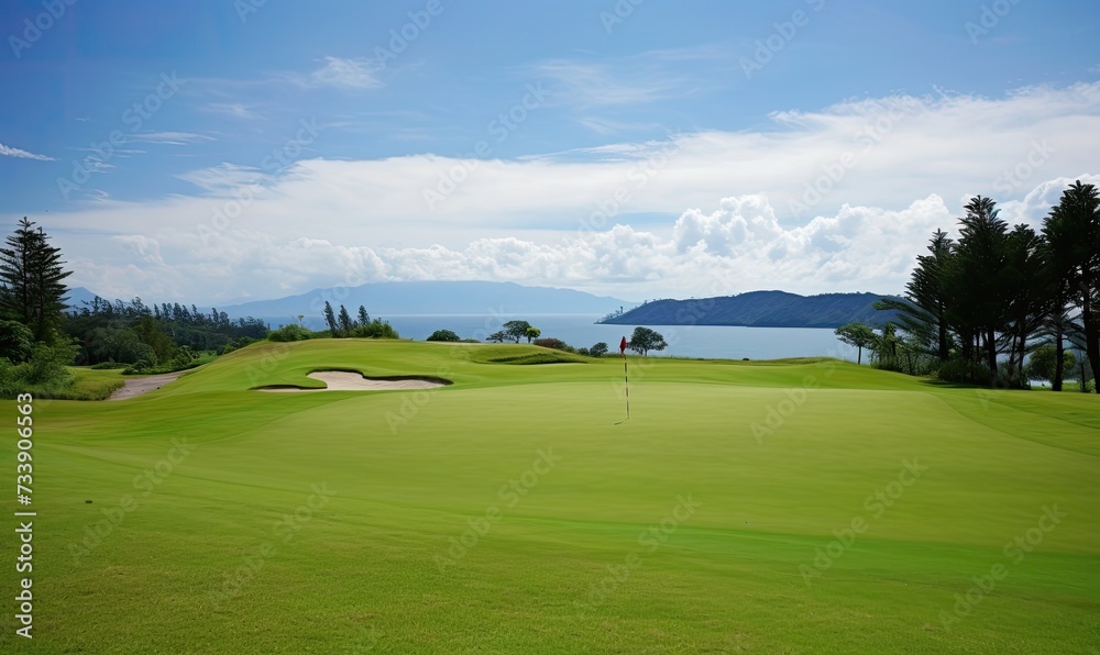 A Serene Golf Course Overlooking a Majestic Lake in the Distance A Serene Golf Course Overlooking a Majestic Lake in the Distance