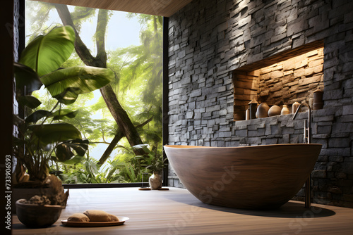 Modern  tub and beautiful green houseplants in bathroom.