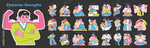 Character Strengths set. Diverse individuals embodying virtues like creativity, love, leadership. Expressive scenes of personal growth and positive traits. Vector illustration.