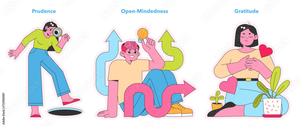 Character Strengths trio. A cautious explorer, a thinker embracing new ideas, and a heartfelt nurturer expressing thanks. Portraits of wisdom, innovation, and thankfulness. Vector illustration.