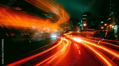 Blur curve city lights movement at night. Urban streets lights in motion. Light from cars moving out of focus. Colorful urbanism 