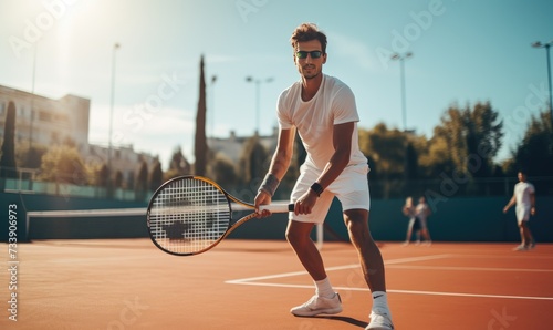 Man Holding Tennis Racquet on Tennis Court © uhdenis