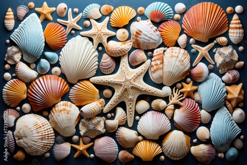 Платно Seashells and starfish on a dark blue background.