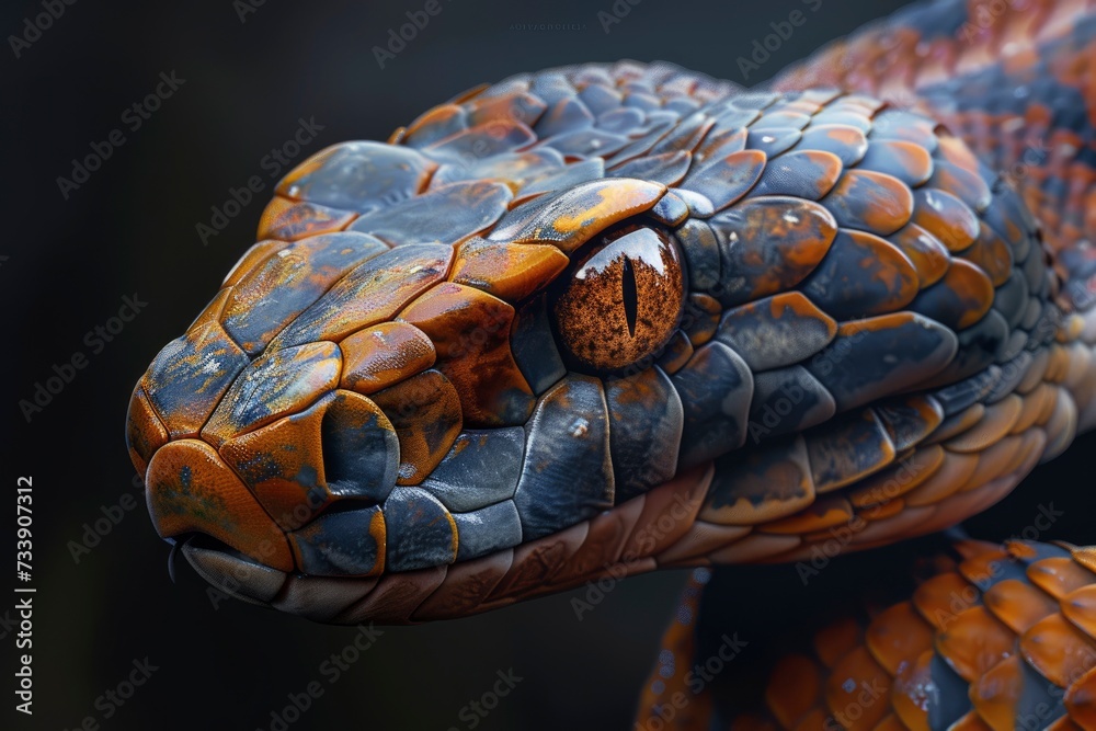 Snake profile portrait on black background - generative ai Snake profile portrait on black background - generative ai