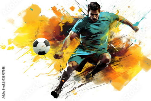painting graphic of soccer player man kick ball and splash with colors isolated on white background