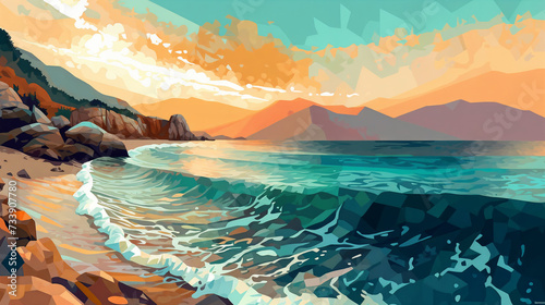 a painting of a beach with a mountain in the background and a body of water in the foreground  generative ai