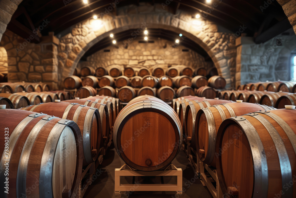 many oak barrels for maturing wine in a large wine cellar
