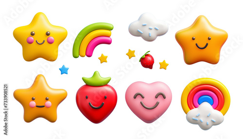 A set of beautiful plasticine stickers. Star, rainbow, strawberry, cloud, heart. 3D effect.
