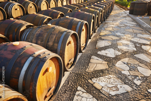 large oak barrels for aging wine lie in rows outdoors in the sunshine